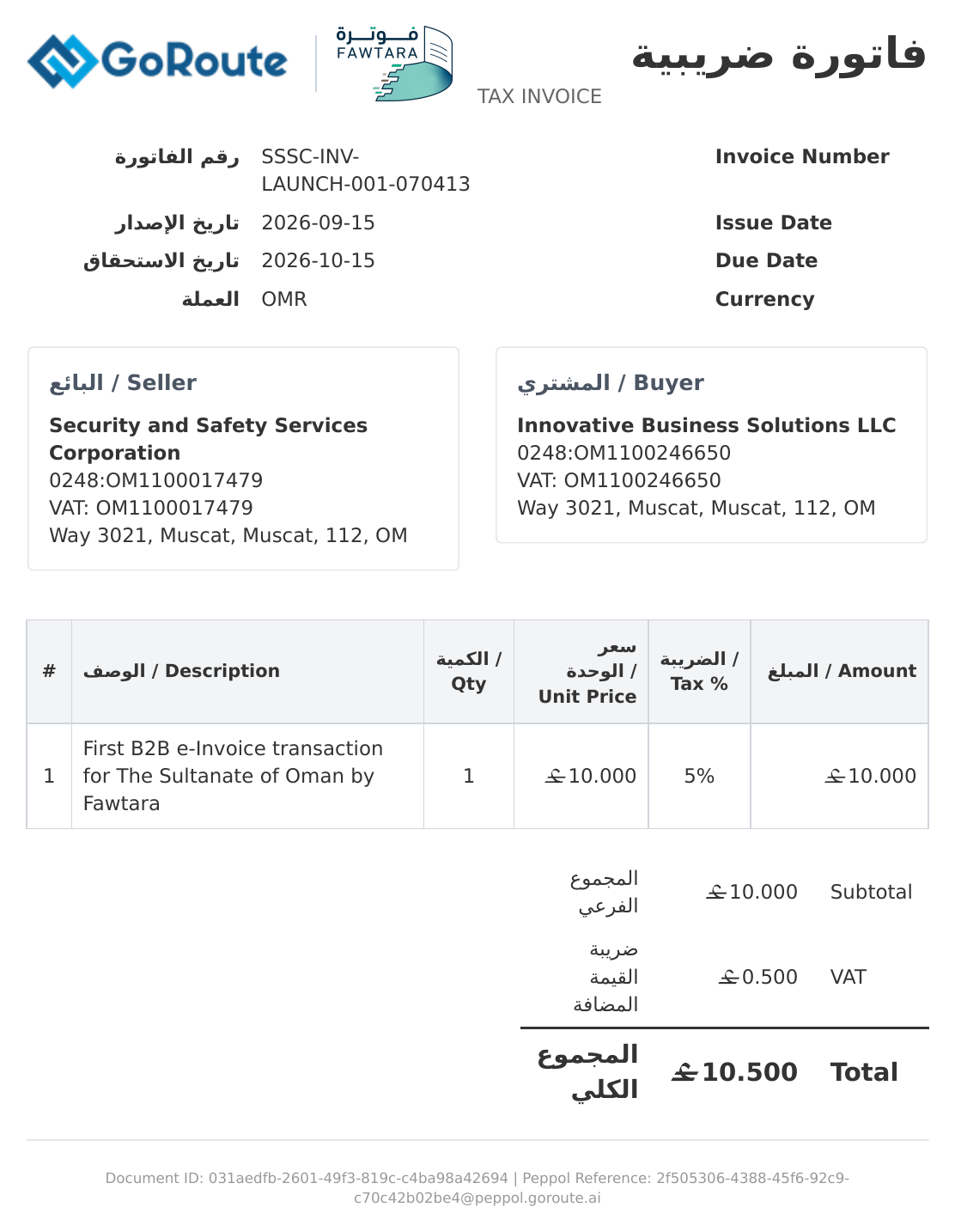 Oman&rsquo;s first business-to-business e-invoice: tax invoice SSSC-INV-LAUNCH-001-070413 dated 15 September 2026 from Security and Safety Services Corporation to Innovative Business Solutions LLC, OMR 10.000 plus 5% VAT, total OMR 10.500